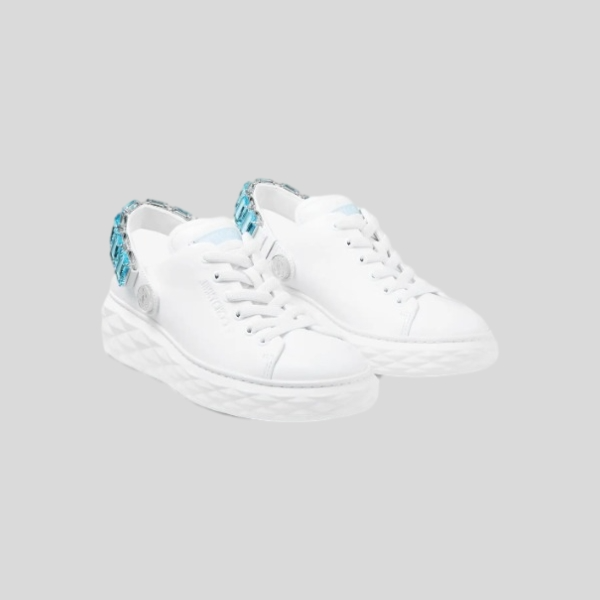 지미추 크리스털 스트랩 디테일 화이트블루 나파 가죽 슬리퍼 스니커즈