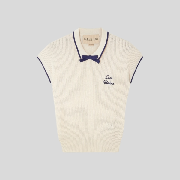 발렌티노 자수 와플 니트 코튼 혼방 폴로 셔츠