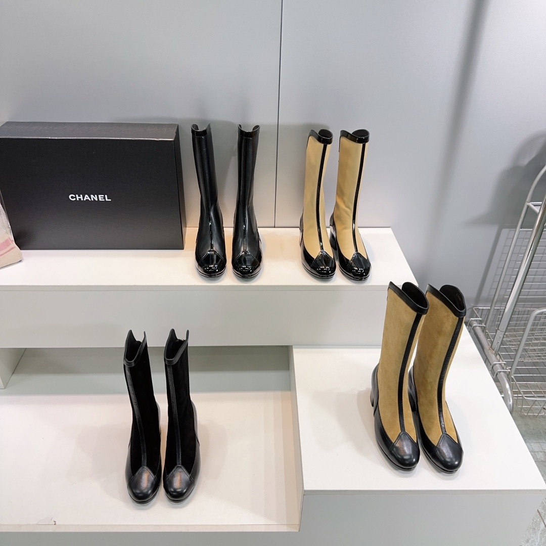 샤* 스웨이드 배색 통굽 라이더 부츠