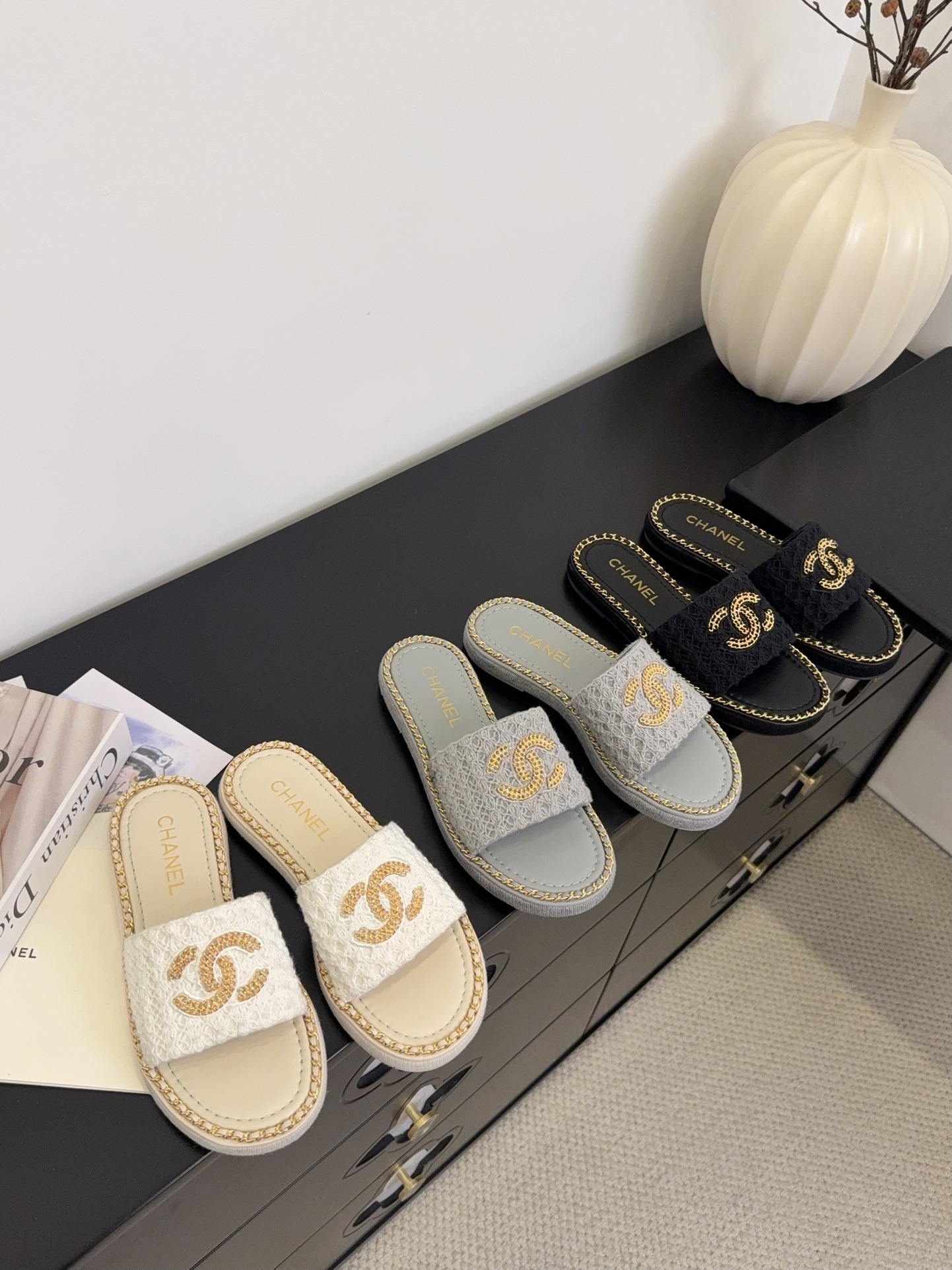 샤* 25 신상 플랫 더블 c 체인 슬리퍼