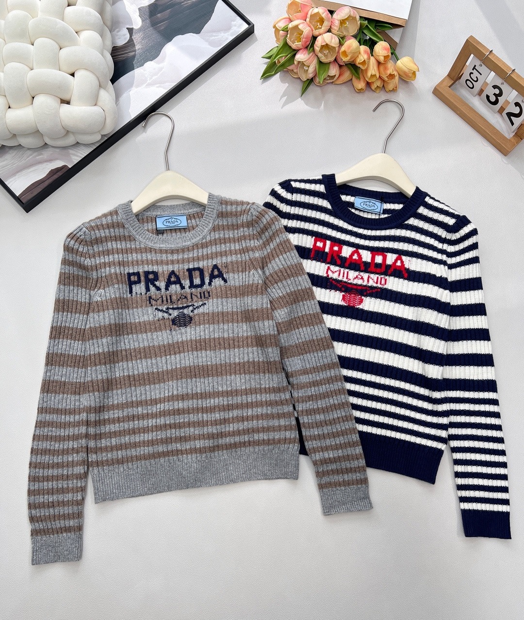 프*다 신상 자가드 긴팔 니트