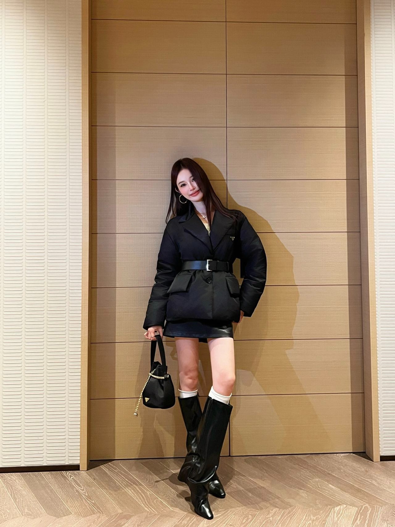 프*다 블랙 리나일론 벨티드 다운 재킷